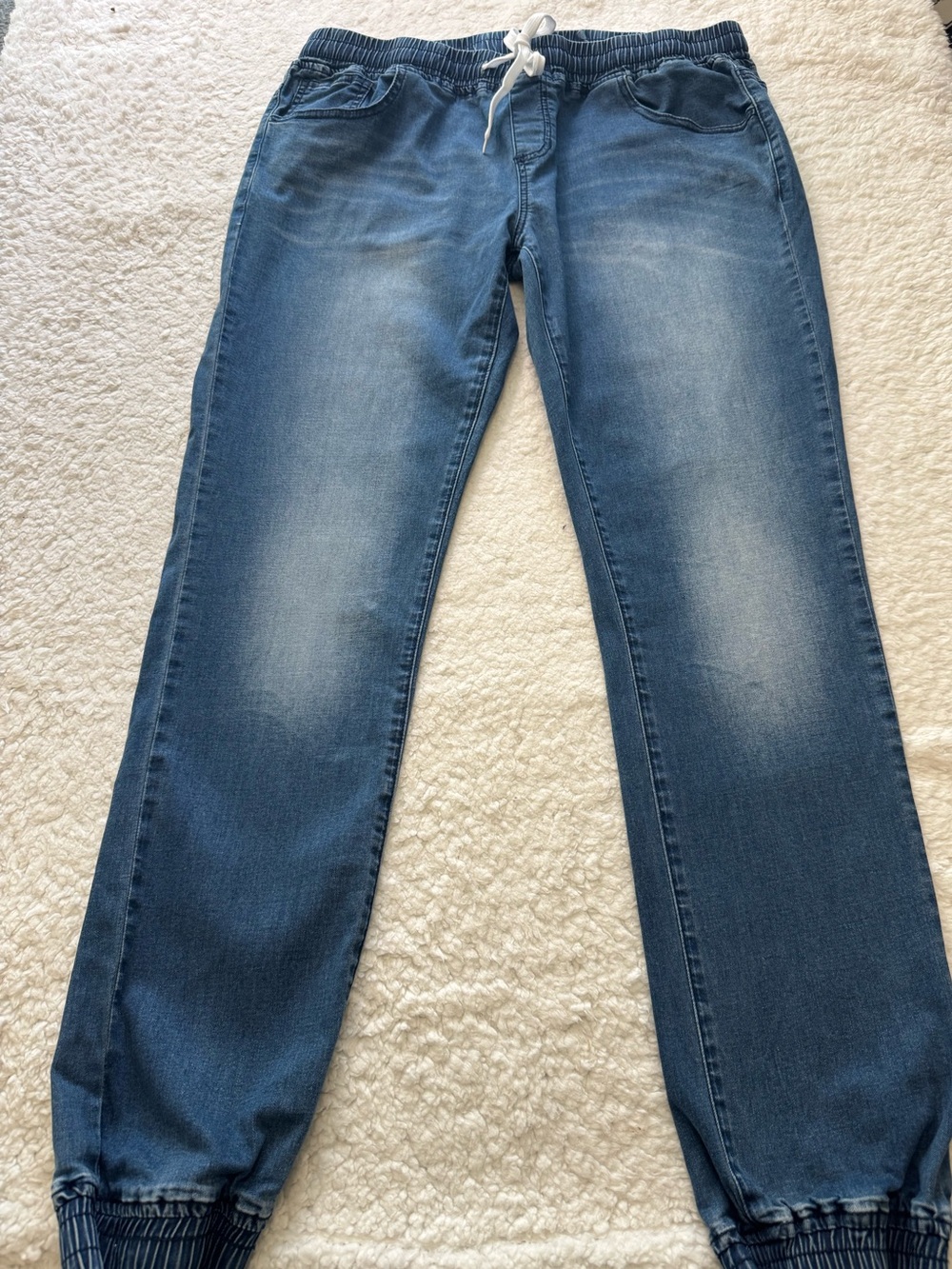 Women’s Blue Denim Jogger Pants with Drawstring Waist